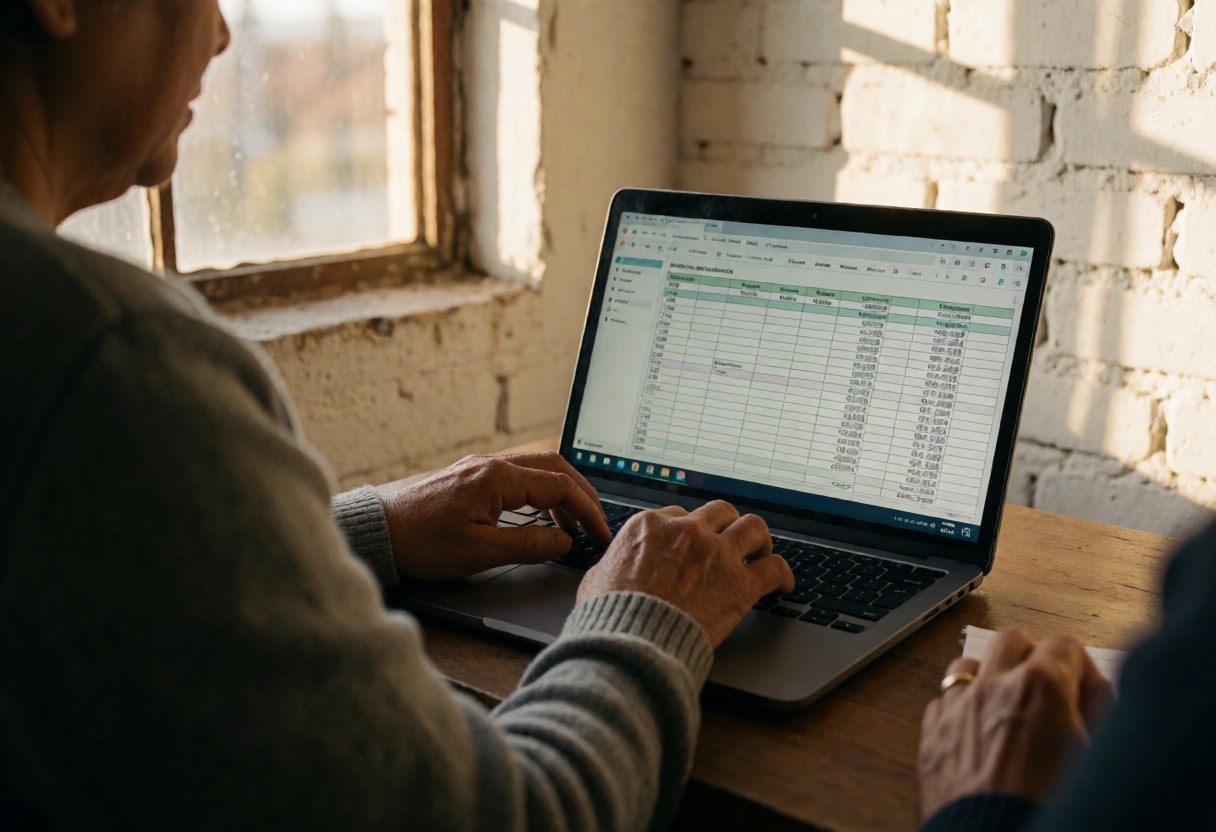 Back view of person using laptop with commission spreadsheet on wooden desk near window with warm light and white brick wall