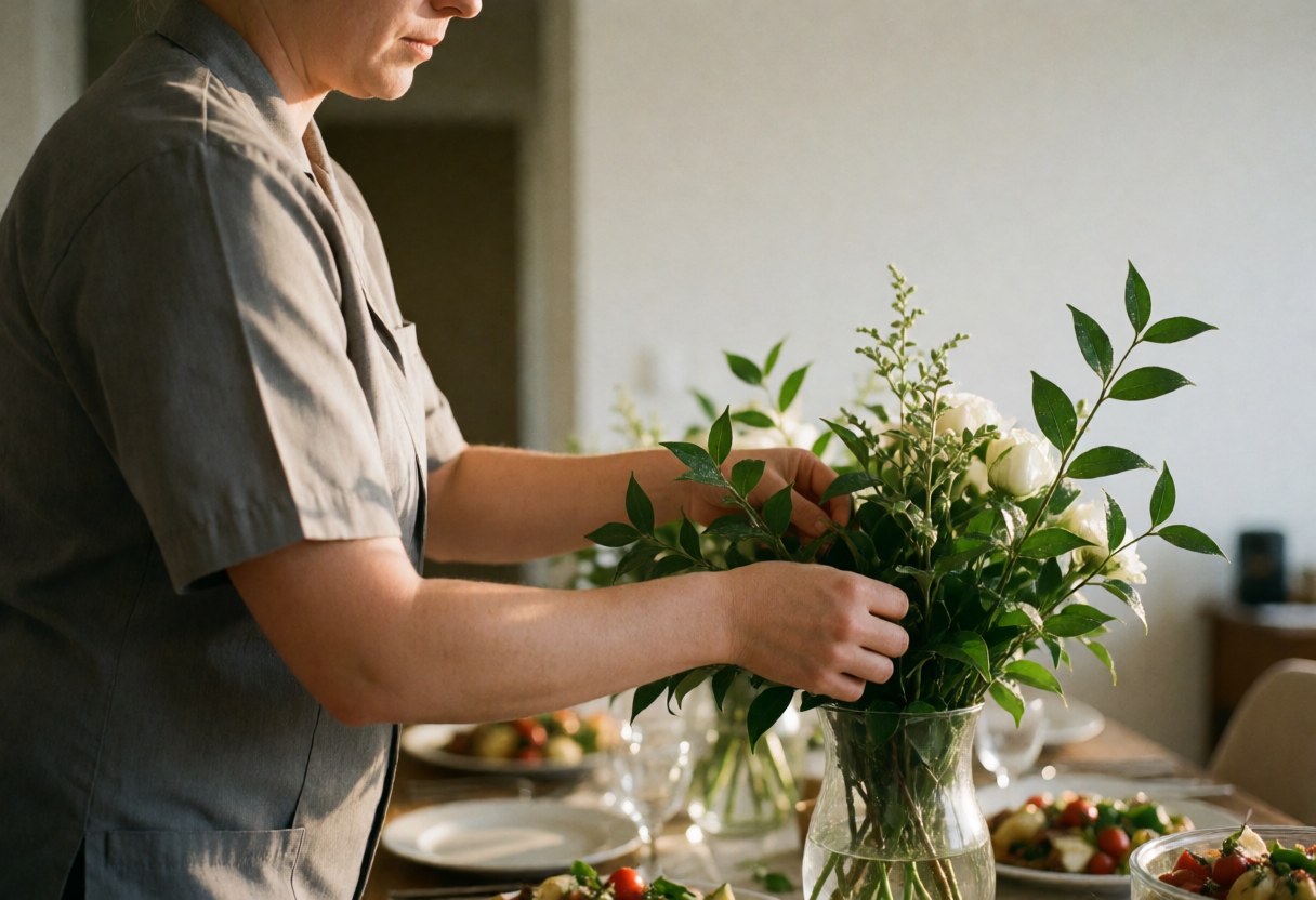 White roses and greenery in a glass vase on a set dining table with plates and cutlery for a catering event