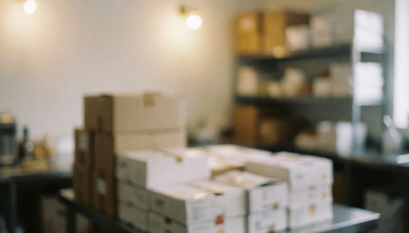 A softly blurred warehouse interior featuring wooden shelves, stacked cardboard boxes, and warm ambient lighting, serving as a neutral background for text overlays in business contexts.