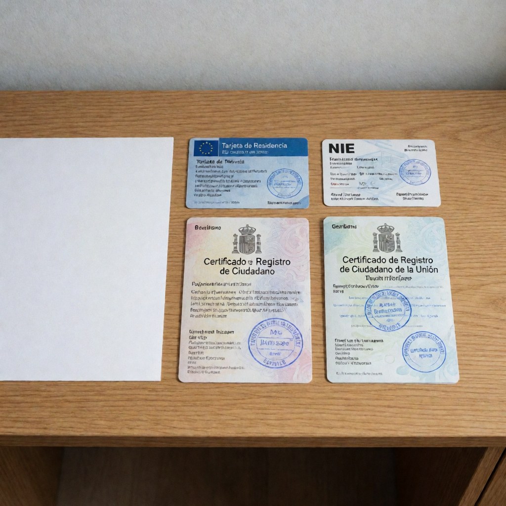 Spanish immigration documents including residence card, NIE, and registration certificates on a light wooden desk in an office with natural light