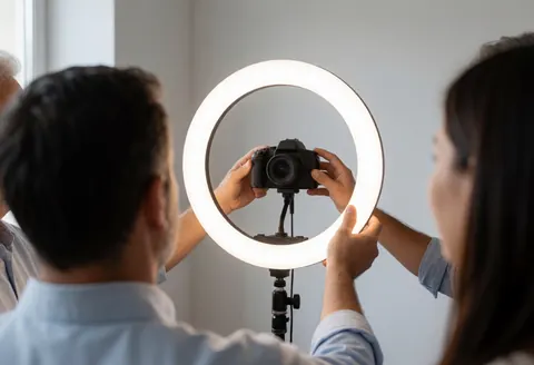 Professional camera on a tripod with ring light and studio lighting prepared for filming an online course presentation