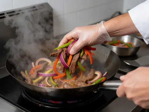 A chef wearing gloves stir-fries lomo saltado in a hot wok with steam rising, showcasing fresh colorful ingredients in a professional kitchen setting.