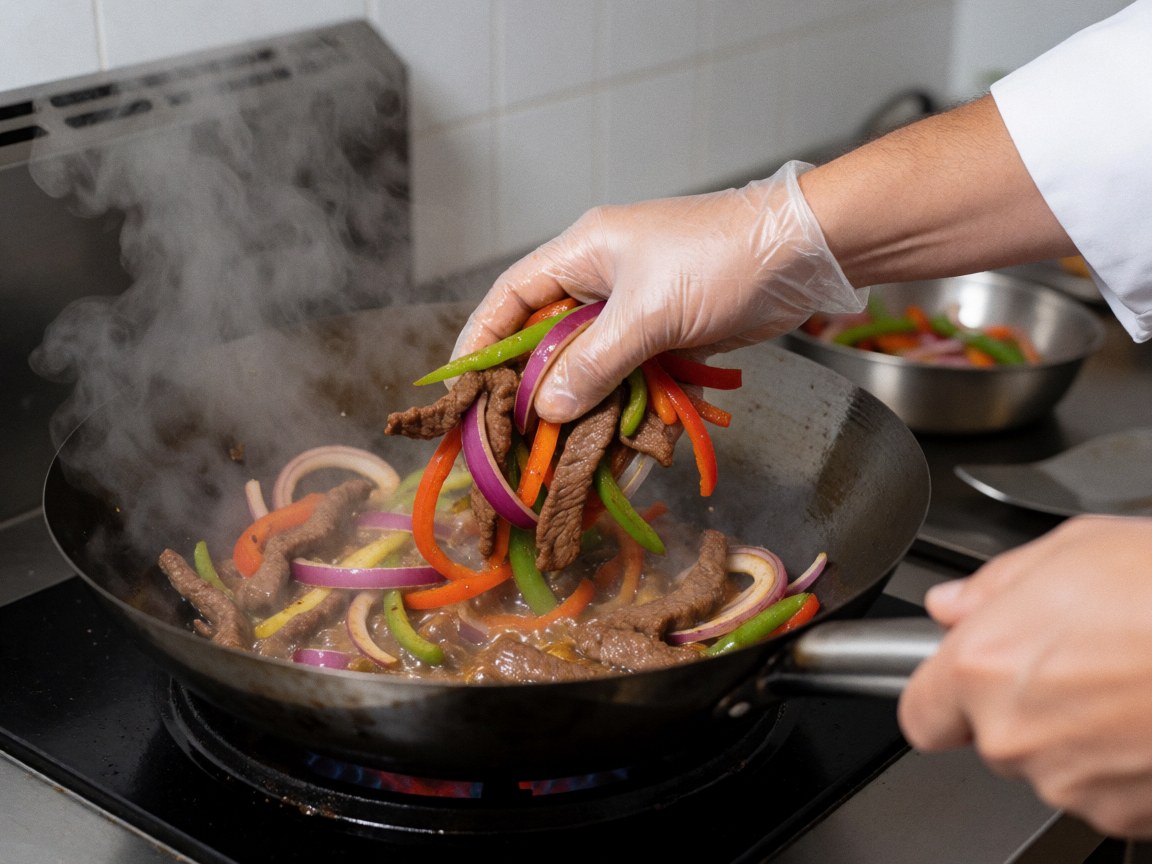 A chef wearing gloves stir-fries lomo saltado in a hot wok with steam rising, showcasing fresh colorful ingredients in a professional kitchen setting.