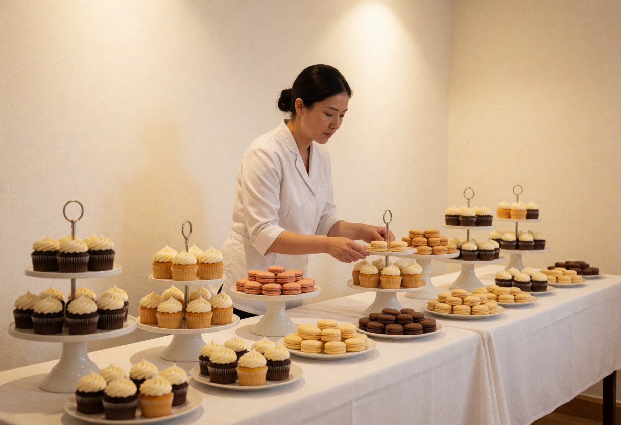 A professional in a white uniform arranges cupcakes and macarons on a long table with a white tablecloth in a warm, bright setting.