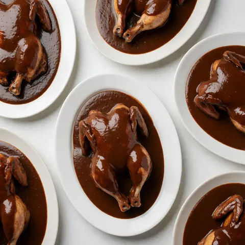 A close-up view of a roasted chicken piece generously covered in thick, dark mole poblano sauce, presented on a ceramic plate for catering or gourmet dining.