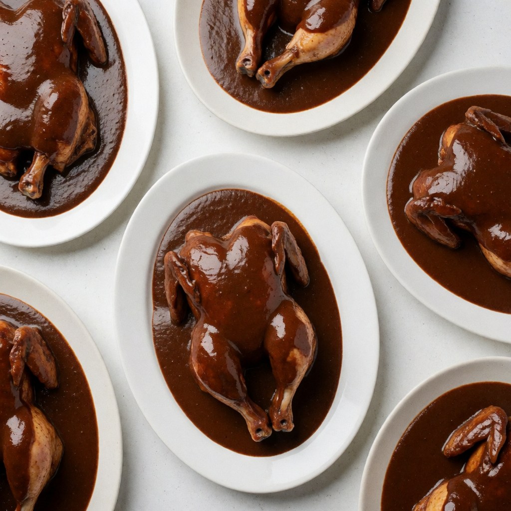 A close-up view of a roasted chicken piece generously covered in thick, dark mole poblano sauce, presented on a ceramic plate for catering or gourmet dining.
