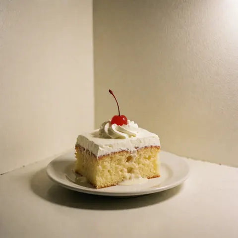 A slice of tres leches cake topped with cream and a cherry, served on a white plate against a warm background with soft lighting