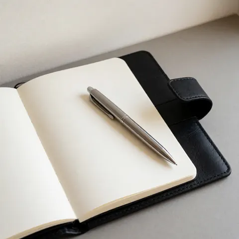 A closed notebook and a pen resting on a textured leather surface, symbolizing organization, planning, and productivity for business professionals.