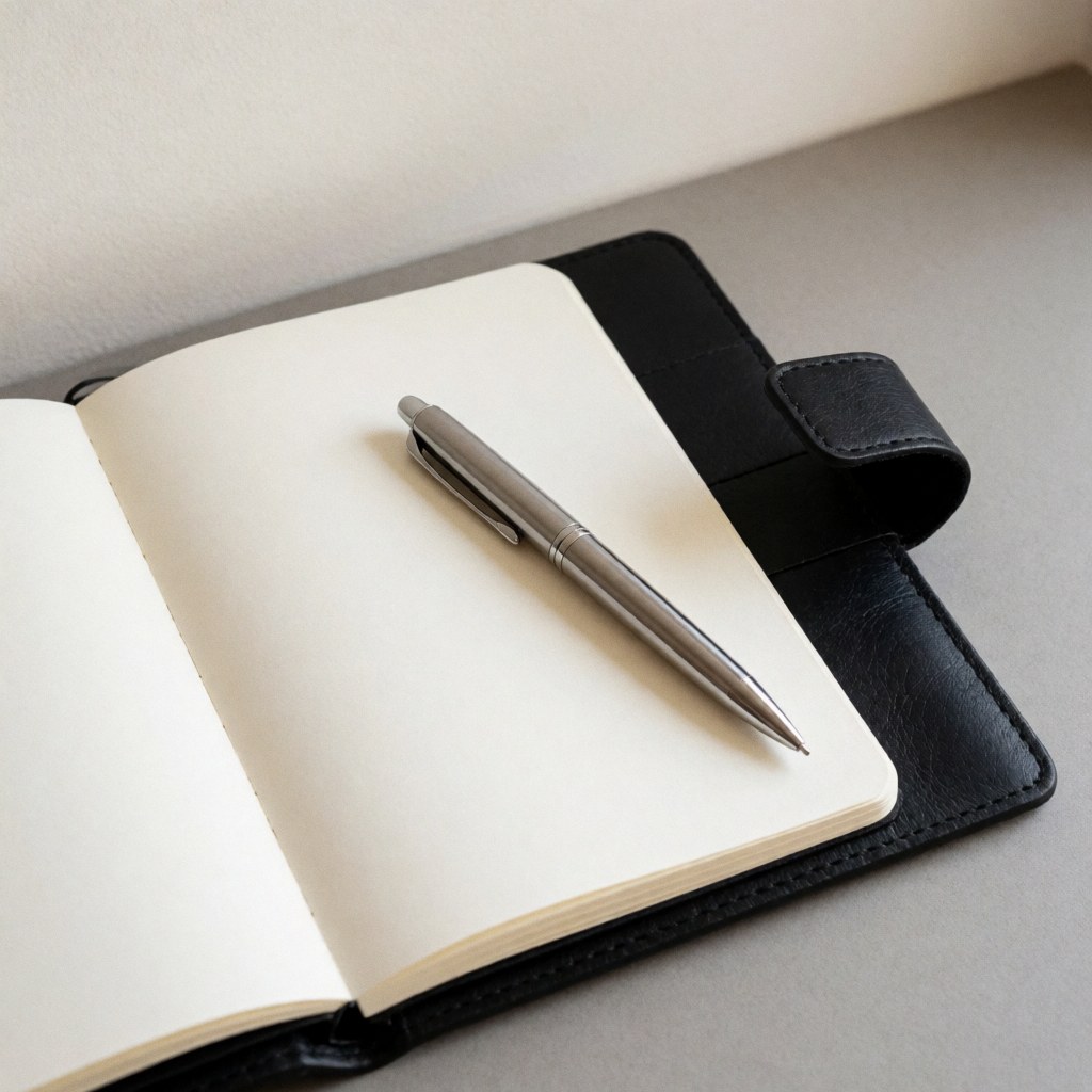A closed notebook and a pen resting on a textured leather surface, symbolizing organization, planning, and productivity for business professionals.