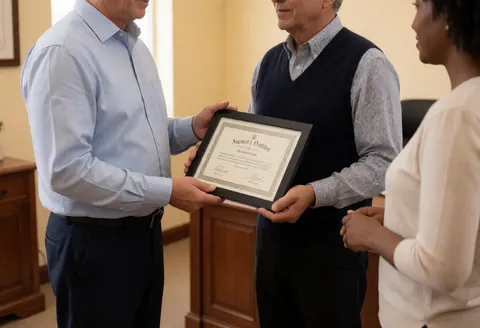 An adult receives a framed certificate in a professional office with wooden furniture and beige walls during a formal presentation.