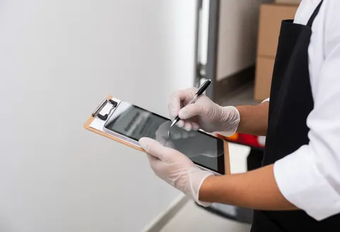Close-up of gloved hands holding a digital tablet and clipboard to confirm a professional catering service delivery in action