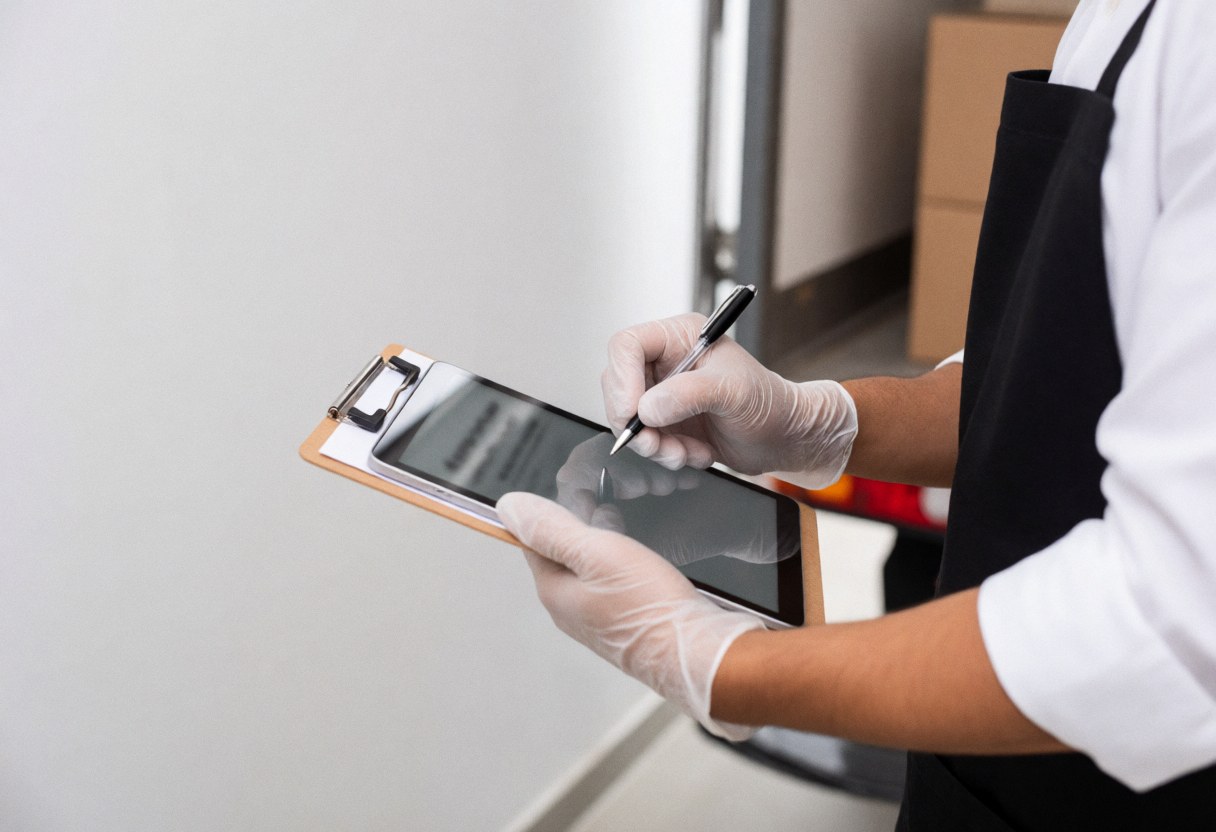 Close-up of gloved hands holding a digital tablet and clipboard to confirm a professional catering service delivery in action