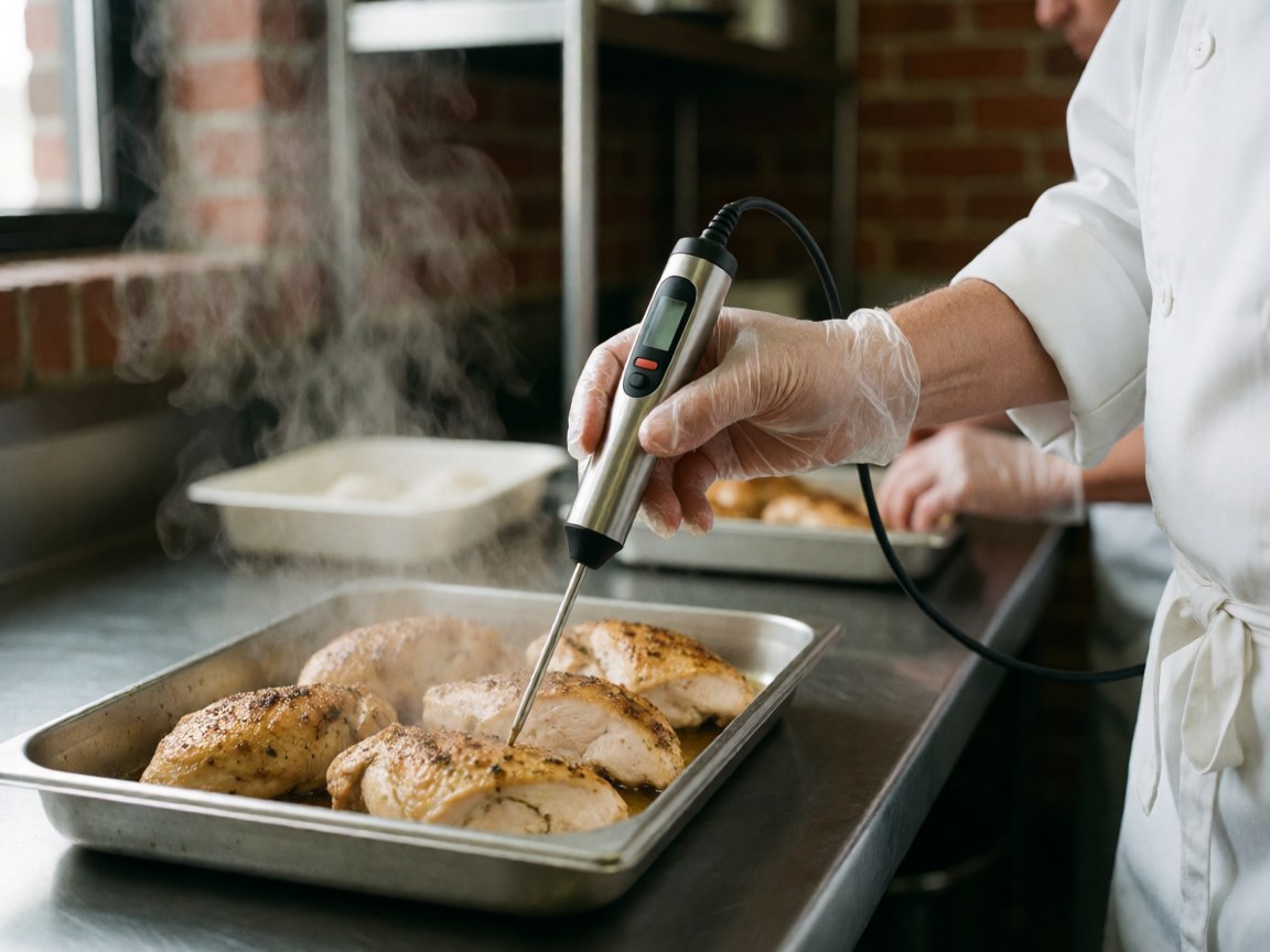 A gloved hand uses a metal thermometer to check the internal temperature of roasted chicken on a tray, ensuring food safety and hygiene standards in a commercial kitchen.