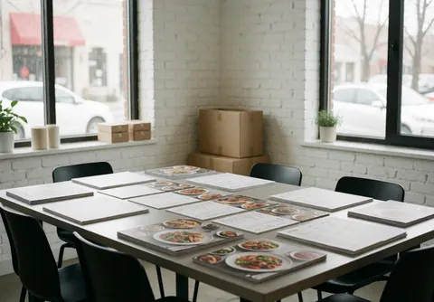 Catering sales office featuring food menus and photos on a large table with white brick walls, large windows, and natural light.
