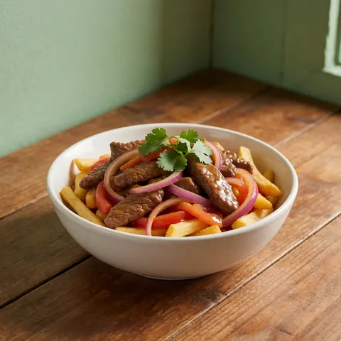A close-up view of fresh lomo saltado served in a bowl with french fries, cilantro, onions, and tomatoes on a wooden table
