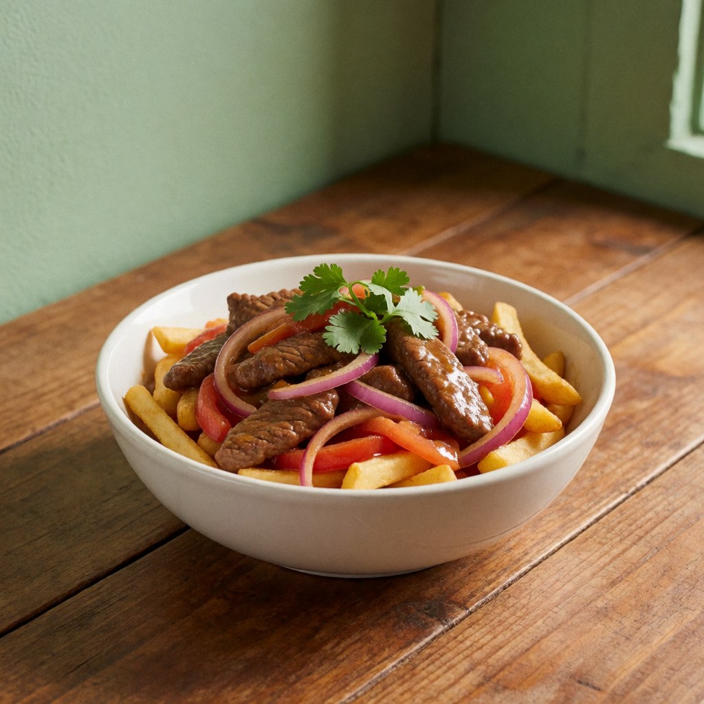 A close-up view of fresh lomo saltado served in a bowl with french fries, cilantro, onions, and tomatoes on a wooden table