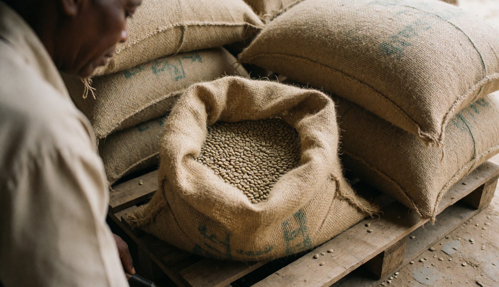Open green coffee sack resting on a wooden pallet inside a barn with a worker standing in the background under natural light