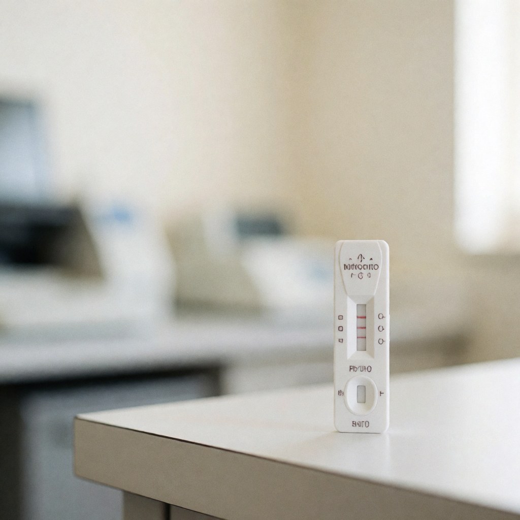 Close-up of a positive pregnancy test strip showing two lines, placed on a clean white laboratory counter next to a timer.