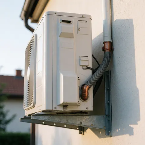 Close-up of a white outdoor air conditioning condenser unit mounted on a stucco wall with copper piping, providing HVAC cooling for a residential home.