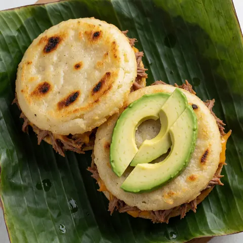 Top view of savory arepas filled with meat and fresh avocado slices served on green banana leaves for catering presentation