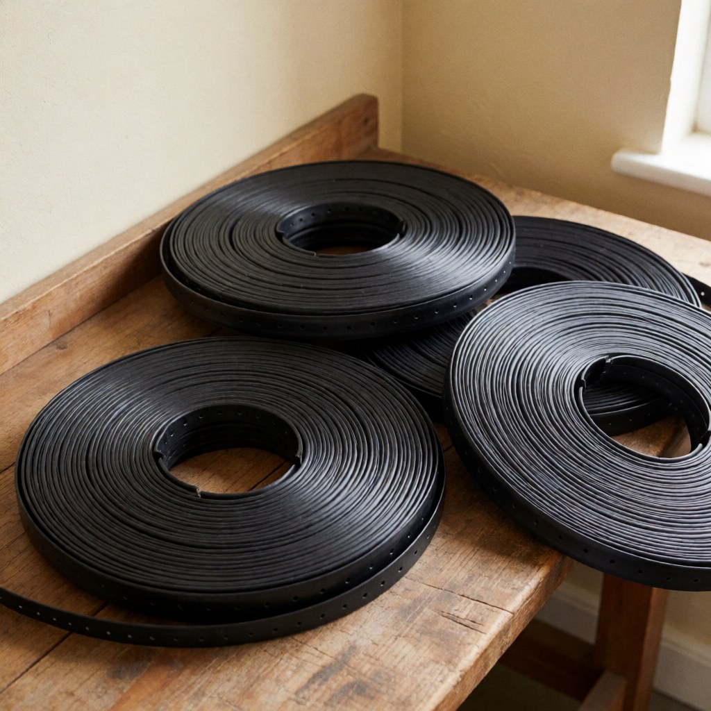 Several rolls of black plastic drip tape arranged on a rustic wooden bench in a clean, naturally lit setting for agricultural use