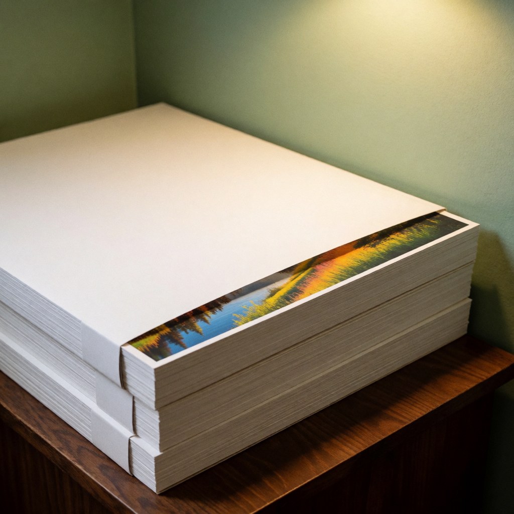 A stack of posters in white protective sleeves rests on a wooden table against a green wall with warm lighting highlighting the printed art design.