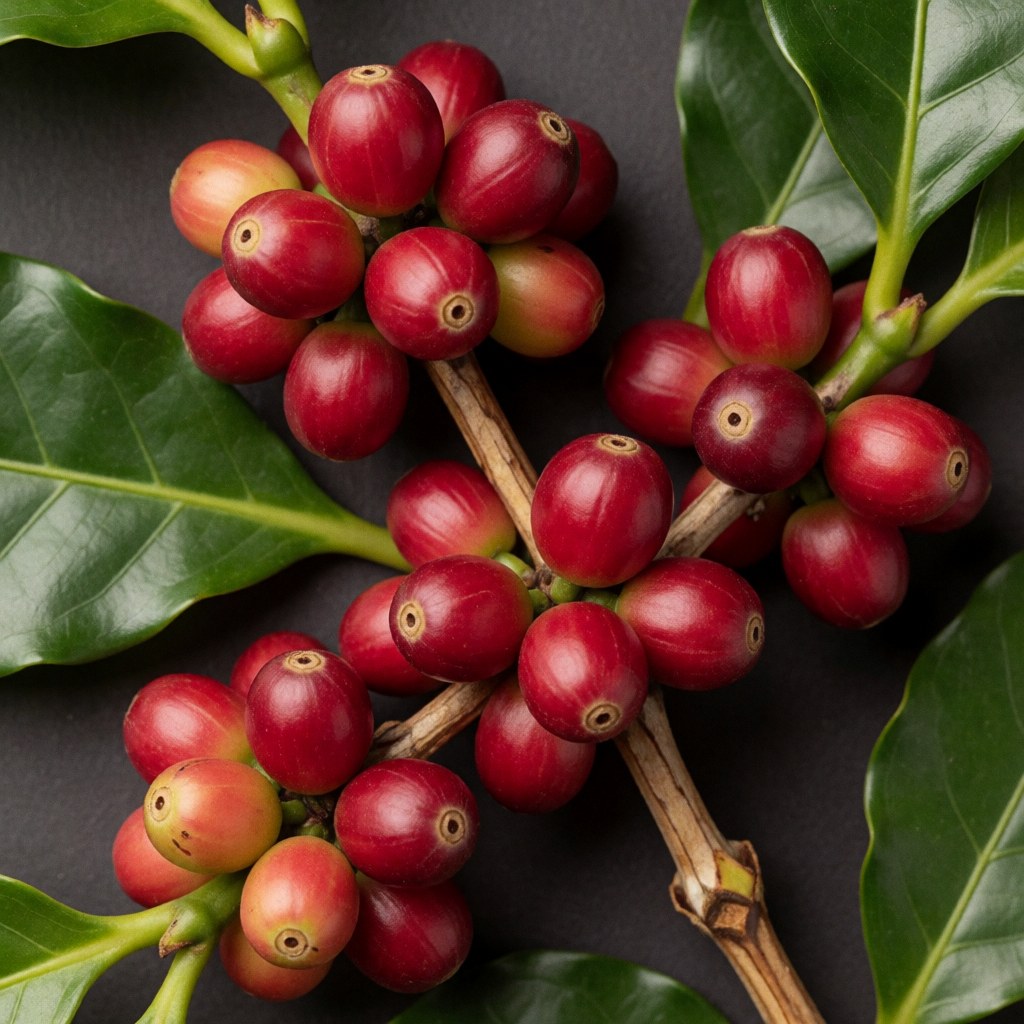 Vibrant red coffee cherries attached to a branch with green leaves against a dark background, suitable for coffee and cacao products.
