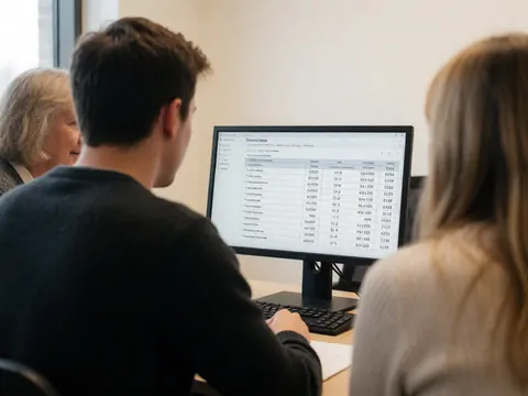 A student sits at a desk in a university office reviewing a digital transcript on a computer screen with a counselor.