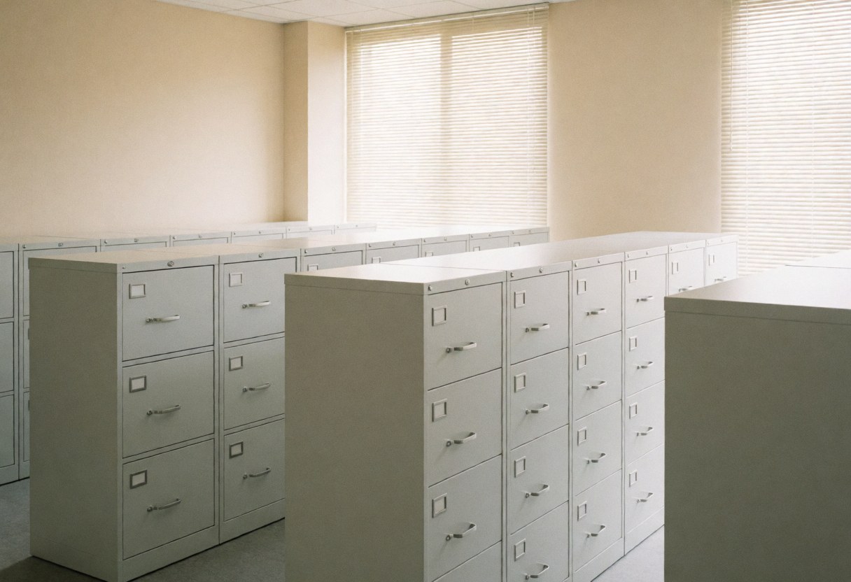 An empty HR office featuring white filing cabinets, beige walls, and natural light, conveying order and security for business records.