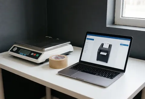 Online packing workspace featuring a digital scale, laptop with printer interface, packing tape, and paper on a table against a gray wall with natural light.