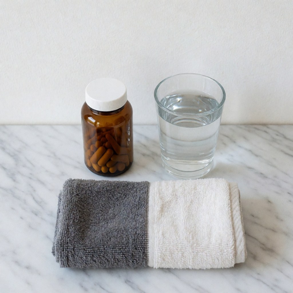 Vitamin bottle, water glass, and folded towel on white marble surface with natural light, ideal for health and wellness insurance promotion