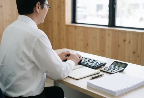 Adult man working at wooden office desk with computer, calculator, notebook, and papers. Natural light from window creates professional atmosphere.