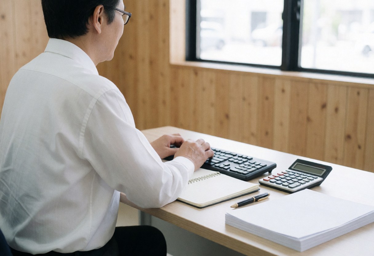 Adult man working at wooden office desk with computer, calculator, notebook, and papers. Natural light from window creates professional atmosphere.