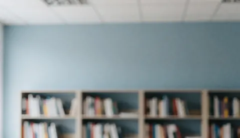 A softly blurred office interior featuring a bookshelf filled with books against a blue wall, serving as a professional background for text.