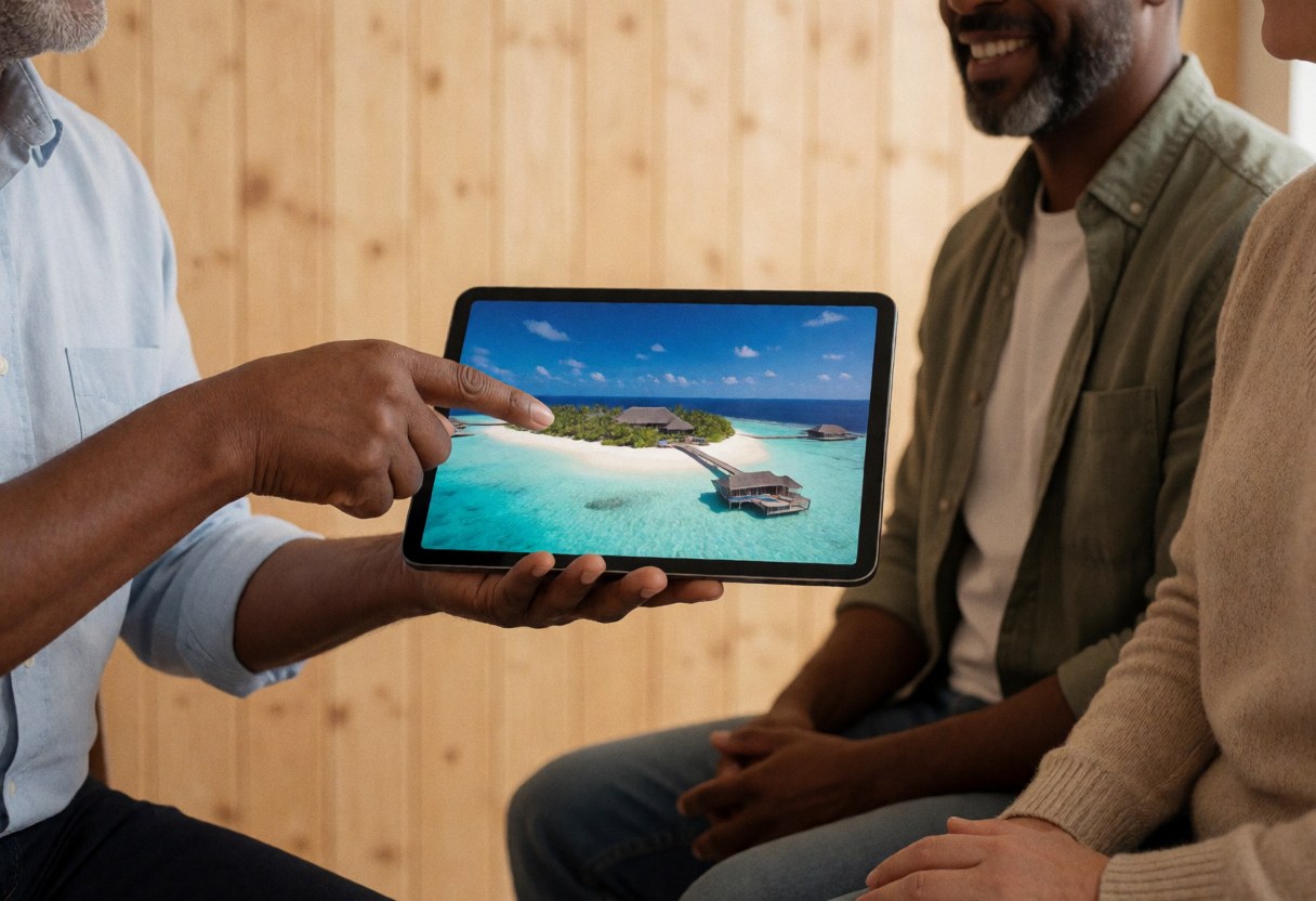 A couple sitting together indoors using a tablet to plan their romantic honeymoon destination at a tropical resort