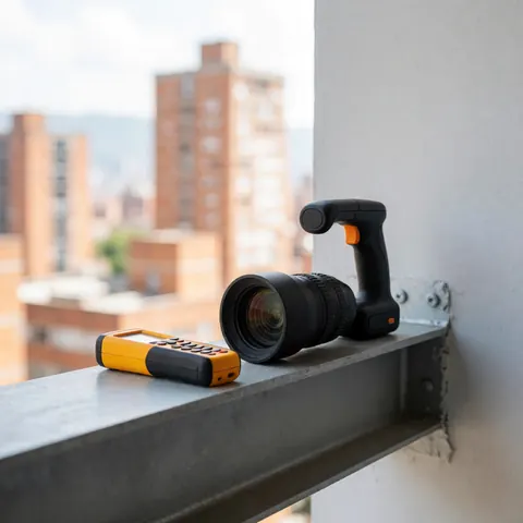 Thermal imaging camera and laser distance meter resting on steel beams during structural integrity inspection in an urban setting