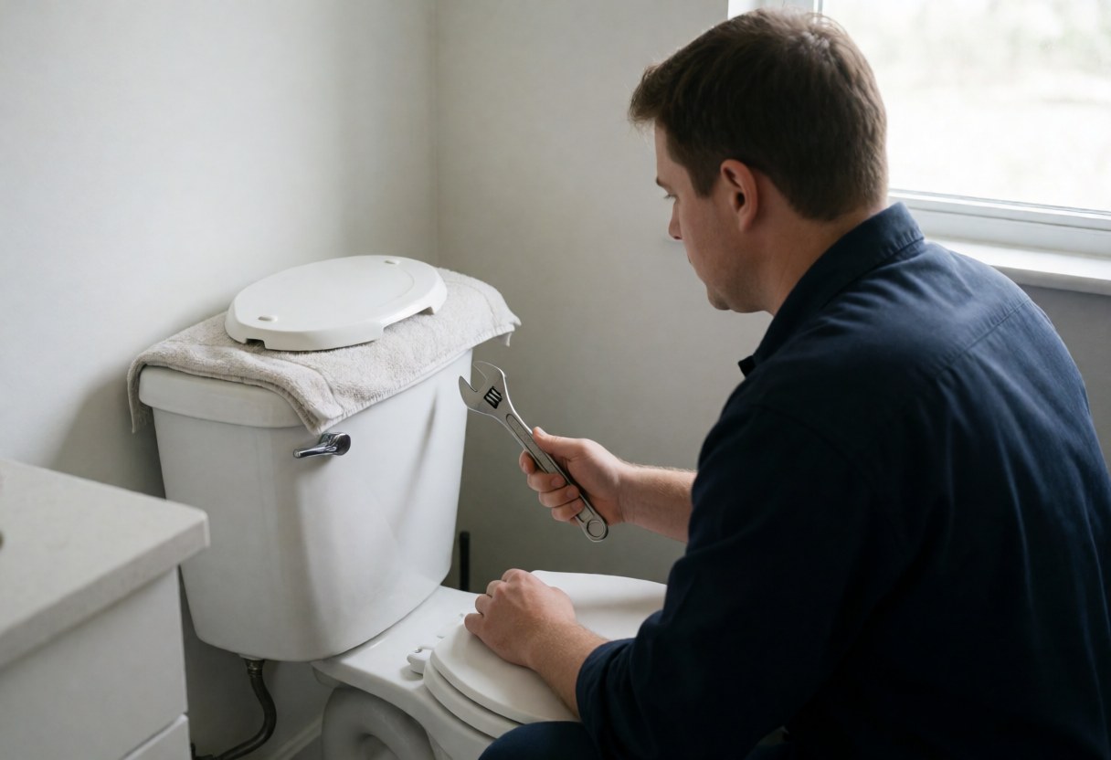 A professional plumber installs plumbing fixtures in a clean bathroom during daytime service work