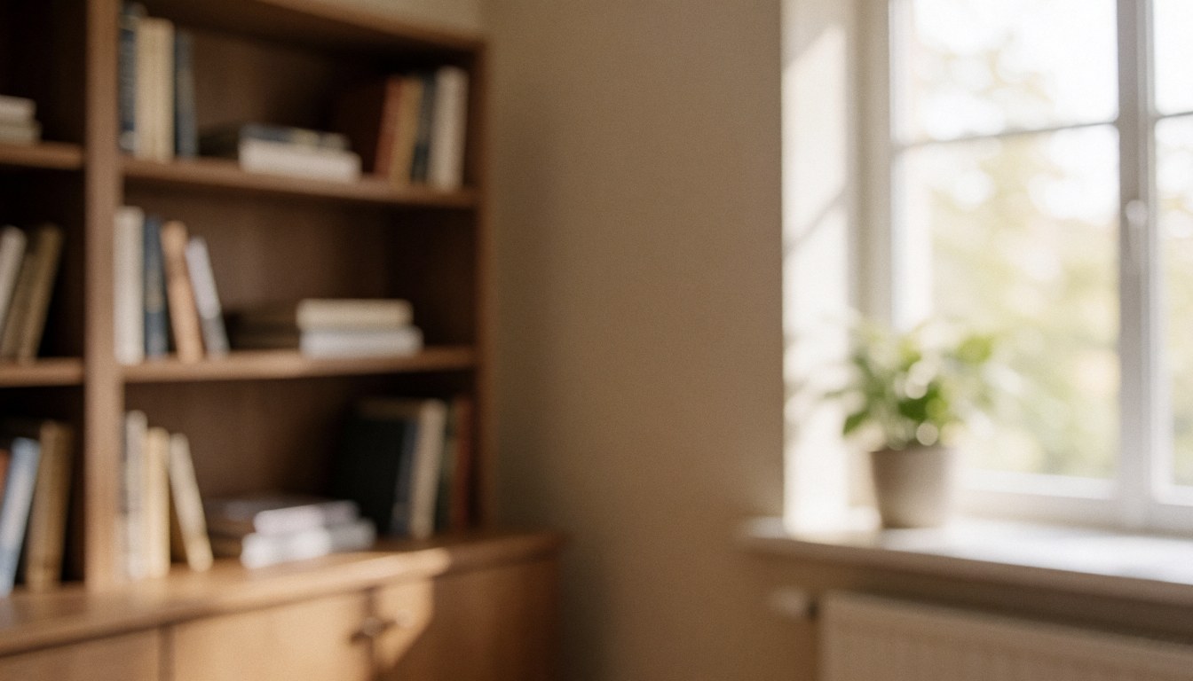 A quiet office space featuring a bookshelf, a window with natural light, and a plant, serving as an ideal background for financial and banking text.
