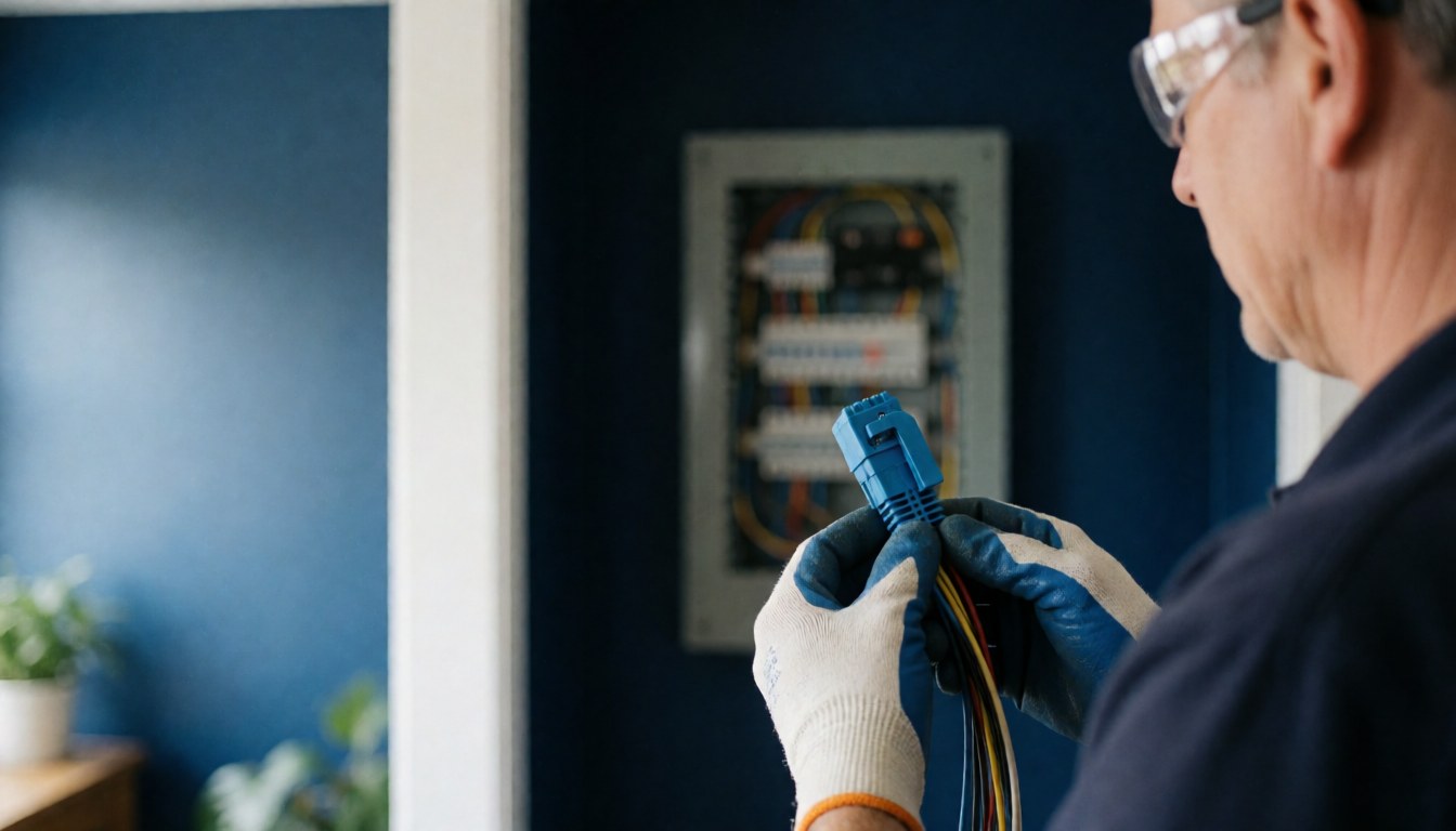 Electrician wearing safety gloves and glasses connecting a blue connector to a wire in an electrical panel with blue wall and natural light