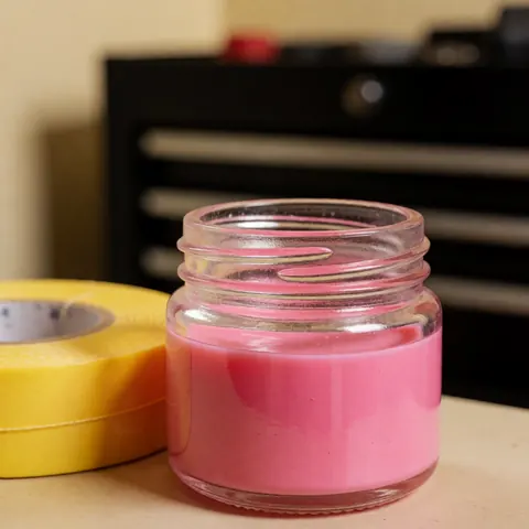 A close-up view of bright pink viscous gel flowing from a glass jar, showcasing texture and consistency for plumbing or industrial applications