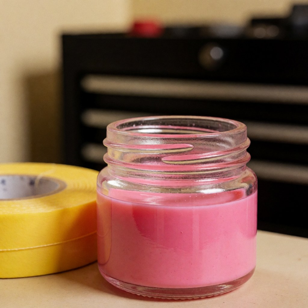A close-up view of bright pink viscous gel flowing from a glass jar, showcasing texture and consistency for plumbing or industrial applications
