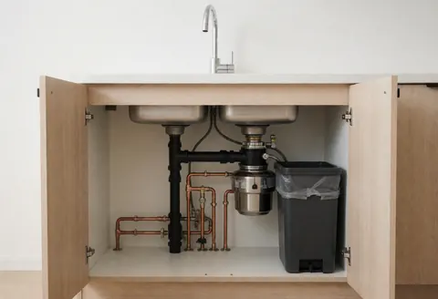 Open cabinet under a kitchen sink revealing copper plumbing pipes and a garbage disposal unit for home repair and installation contexts