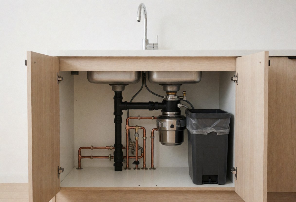 Open cabinet under a kitchen sink revealing copper plumbing pipes and a garbage disposal unit for home repair and installation contexts
