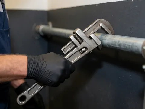Close-up of a gloved hand gripping a metal pipe wrench against a dark background, highlighting the tool used for plumbing installation and repair tasks.