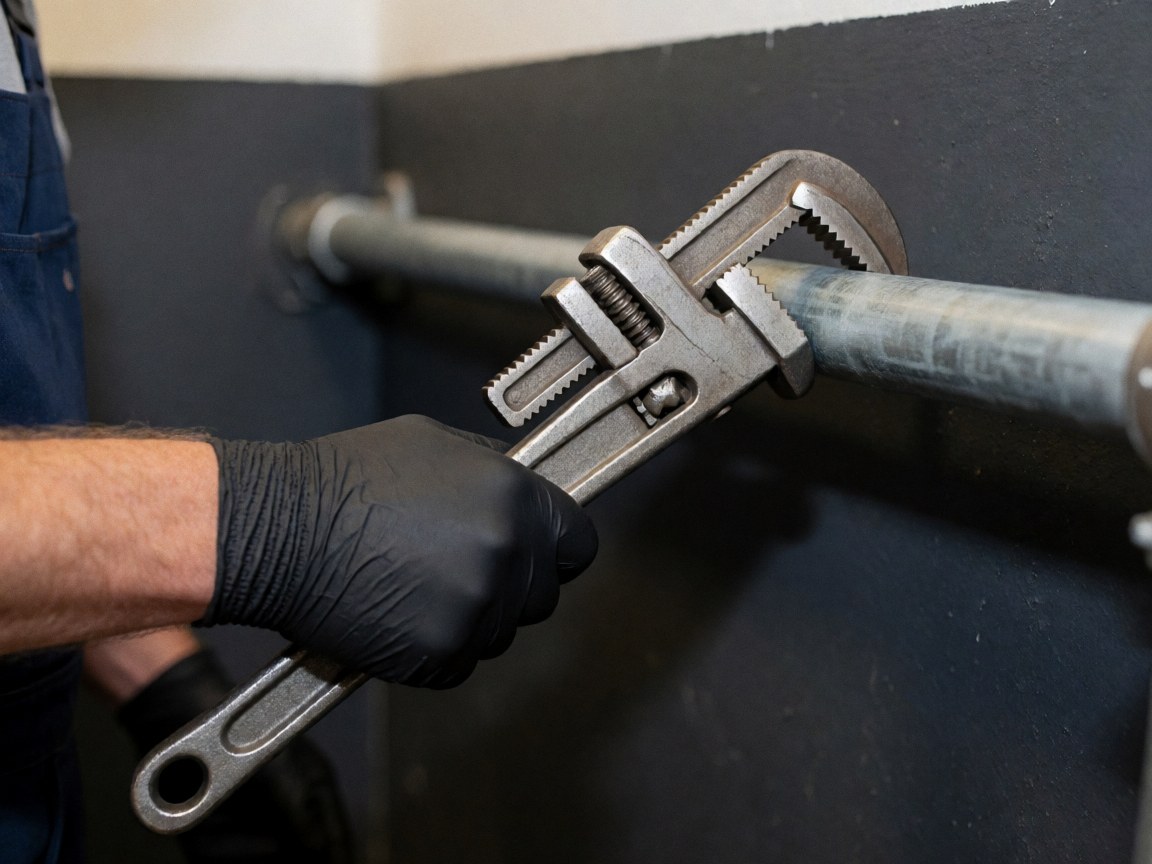 Close-up of a gloved hand gripping a metal pipe wrench against a dark background, highlighting the tool used for plumbing installation and repair tasks.