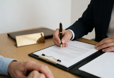 A professional signs an insurance contract with a black pen on a wooden desk, next to a gold plaque and leather folder.