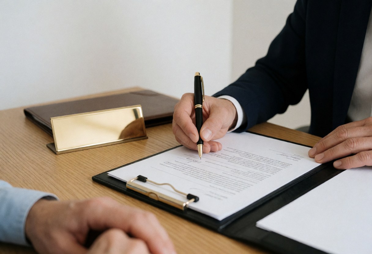 A professional signs an insurance contract with a black pen on a wooden desk, next to a gold plaque and leather folder.