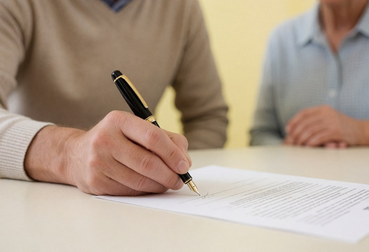 A hand holding a black pen signs a financial document on a white desk with a blurred office background featuring yellow walls.
