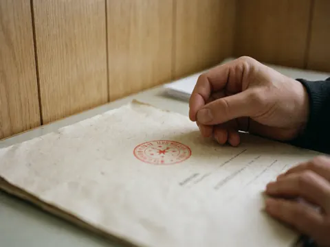 Close-up view of hands pressing an official seal onto a paper document on a wooden desk, symbolizing approval and administrative processing for a driving school.