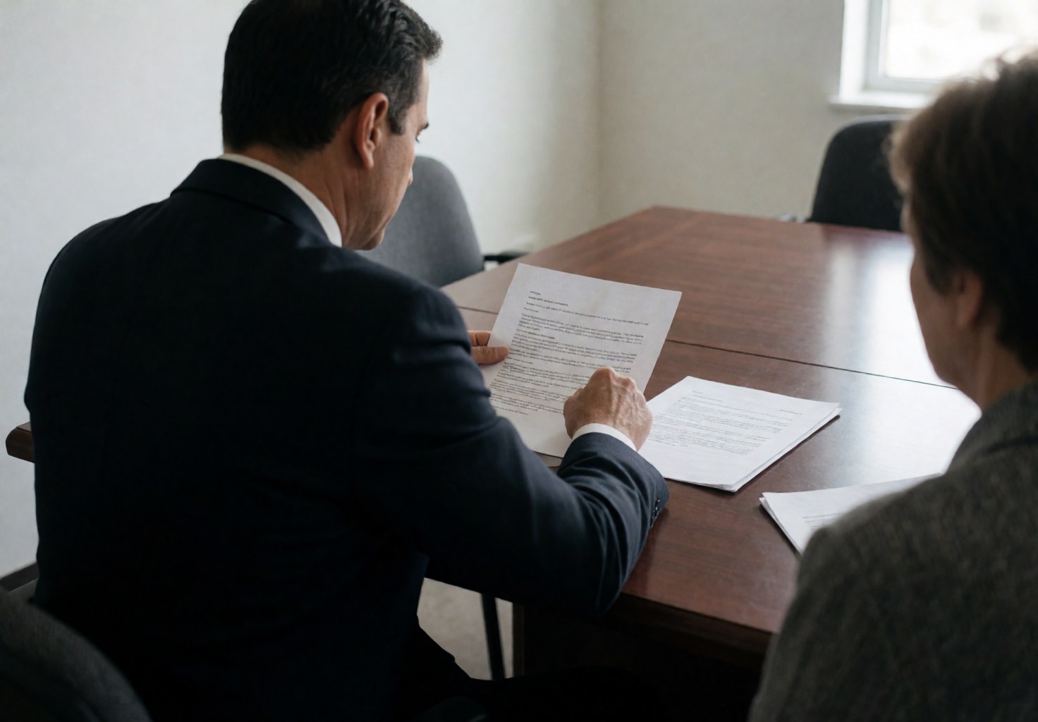 Real estate agent in an office reviewing documents with a client at a wooden desk with natural light